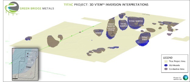 Abbildung 3. Dreidimensionale perspektivische Ansicht der modellierten geophysikalischen Anomalien auf dem Konzessionsgebiet Titac (gelbes Polygon) aus südöstlicher Richtung. Titac South ist der Standort der bekannten vermuteten Mineralressource und der Ort, an dem die jüngsten Bohrungen absolviert wurden. Vermutete Mineralressourcen sind mit einem hohen Maß an Unsicherheit hinsichtlich ihrer Existenz und ihrer wirtschaftlichen Abbaubarkeit behaftet. Es kann nicht davon ausgegangen werden, dass eine vermutete Mineralressource ganz oder teilweise jemals in eine höhere Kategorie hochgestuft wird. Mineralressourcen, die keine Mineralreserven sind, weisen keine nachgewiesene wirtschaftliche Rentabilität auf.