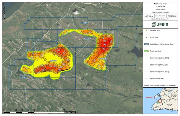 Abbildung 1. Endgültiges Modell der Salzmächtigkeit auf Basis der Gravitationsinversion für das Salzprojekt Robinsons River, das den durch Bohrungen erprobten westlichen Block sowie die noch nicht erprobten westlichen und östlichen Gravitationsanomalien zeigt. Die Konturlinien stellen die modellierte Bruttodicke des Salzintervalls in Metern dar. Die Inversion geht von einer festen Geometrie der Ship Cove Limestone-Struktur und einer Salzdichte von 2,30 Gramm pro Kubikzentimeter aus. Die kartierten Mächtigkeiten sind interpretativ, wurden nicht durchgehend durch Bohrungen verifiziert und stellen keine Schätzung der Mineralressource oder Mineralreserve dar.