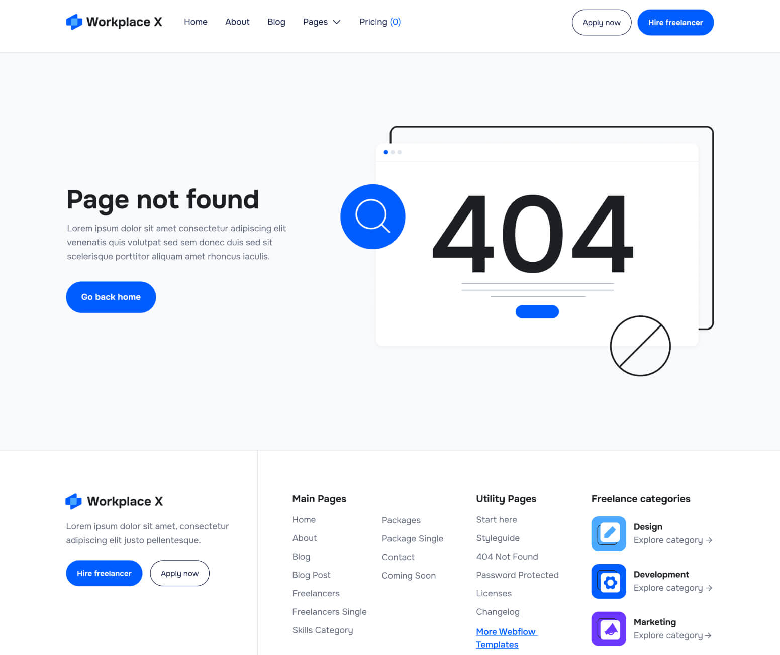 Workplace X - 404 Page - Freelance Marketplace Webflow Template