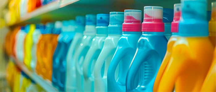 Detergent bottles on a supermarket shelf