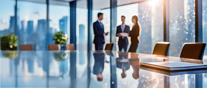 Corporate employees standing at conference desk with a notebook in the desk prominently featured in the foreground