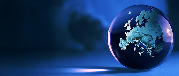 Image of European Map on a globe against a deep blue background