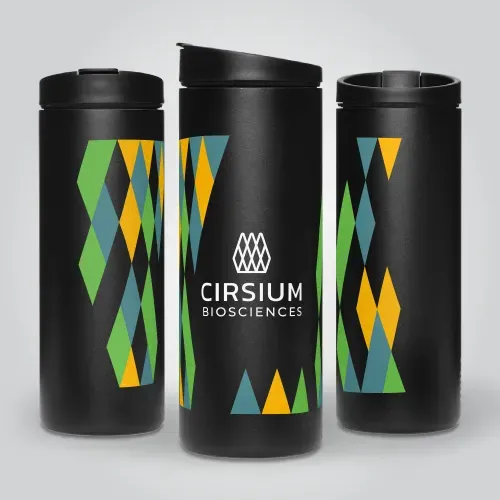 Branded custom MUIR coffee cups with Cirsium Biosciences logo