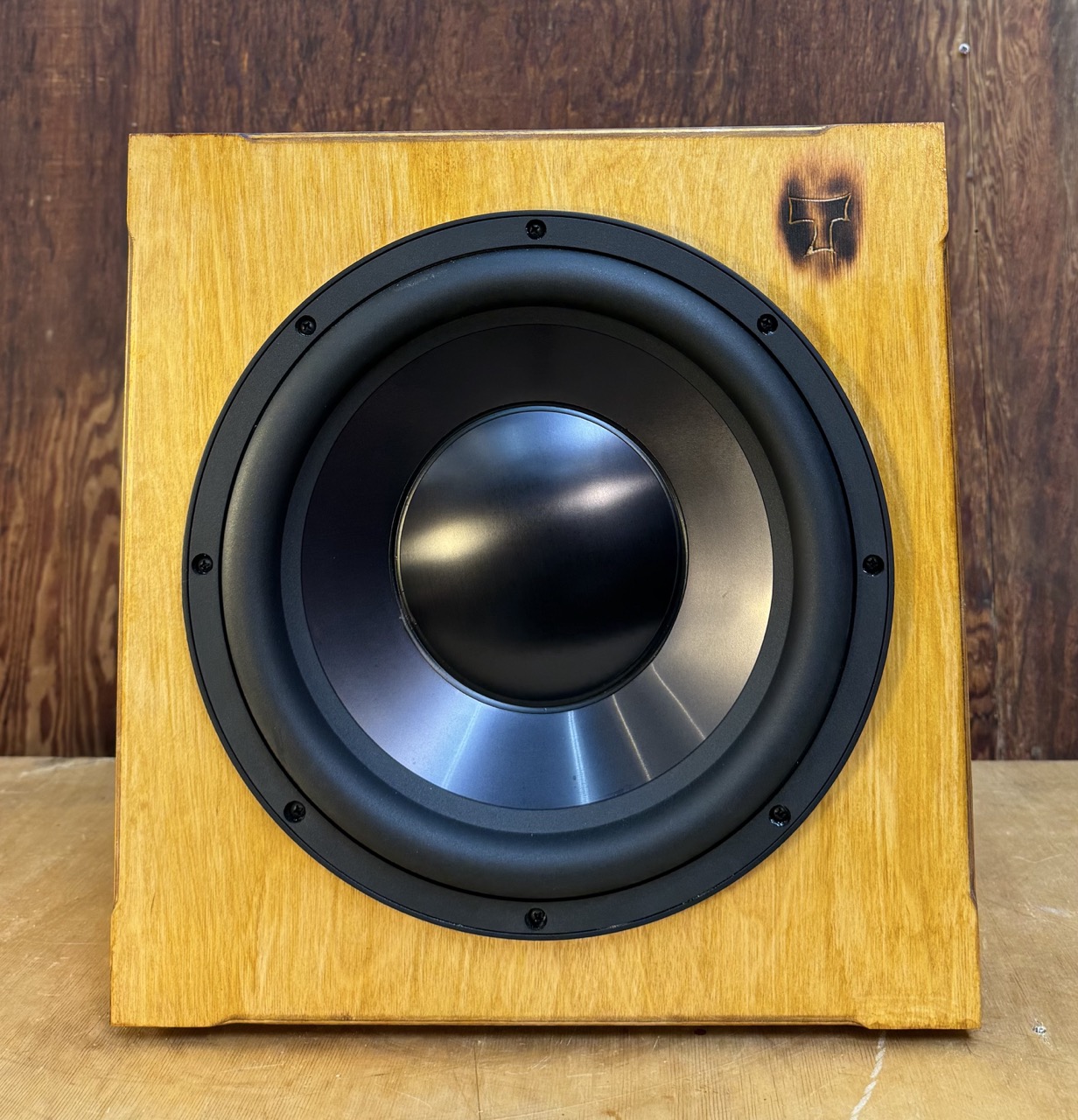 Atomic Subwoofer head on front view of 12" driver handmade by Tiki Tube Amps in the Tiki Tube Amps Studio