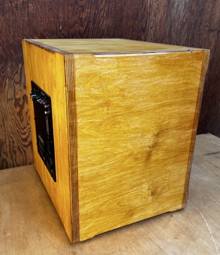 Atomic Subwoofer side view of Baltic Birch construction handmade by Tiki Tube Amps in the Tiki Tube Amps studio