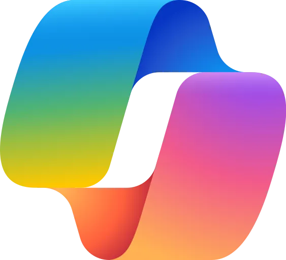 Abstract logo - Microsoft Copilot - consisting of three overlapping rounded shapes with gradient colors transitioning from blue and green to orange and pink.