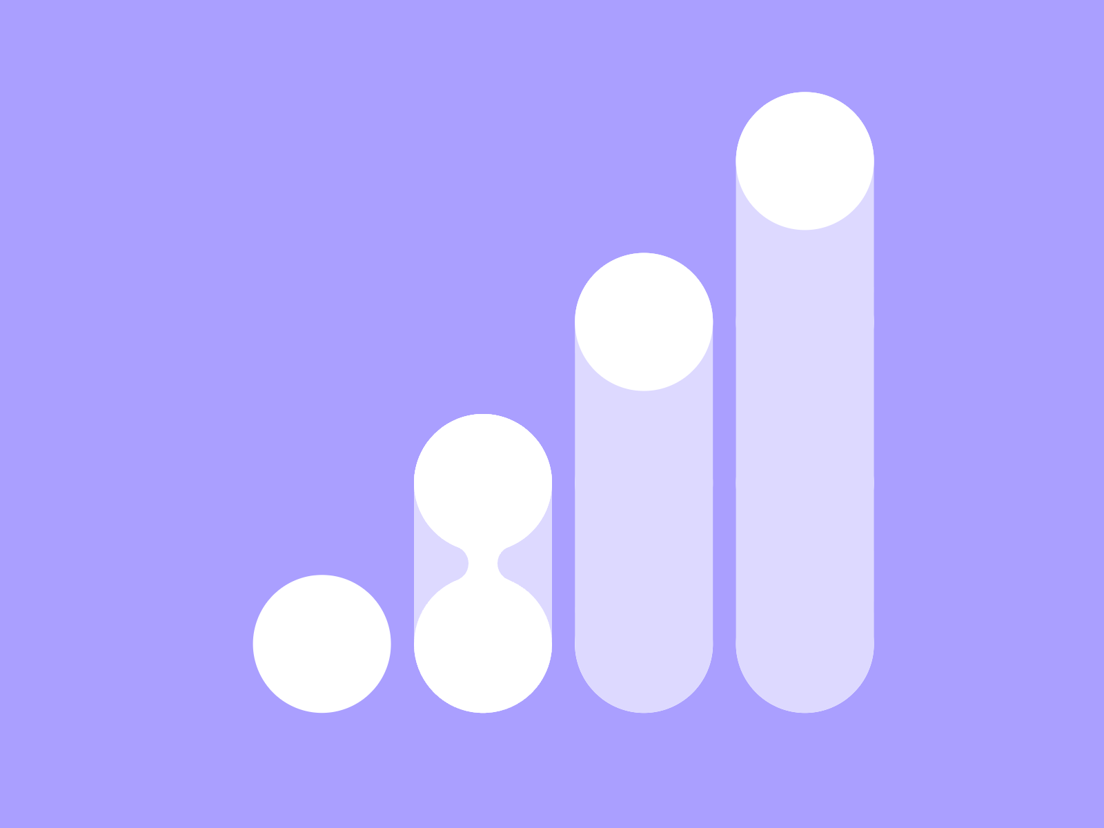 Pyramid of light purple circles with one white hourglass shape near the top center on a lavender background.