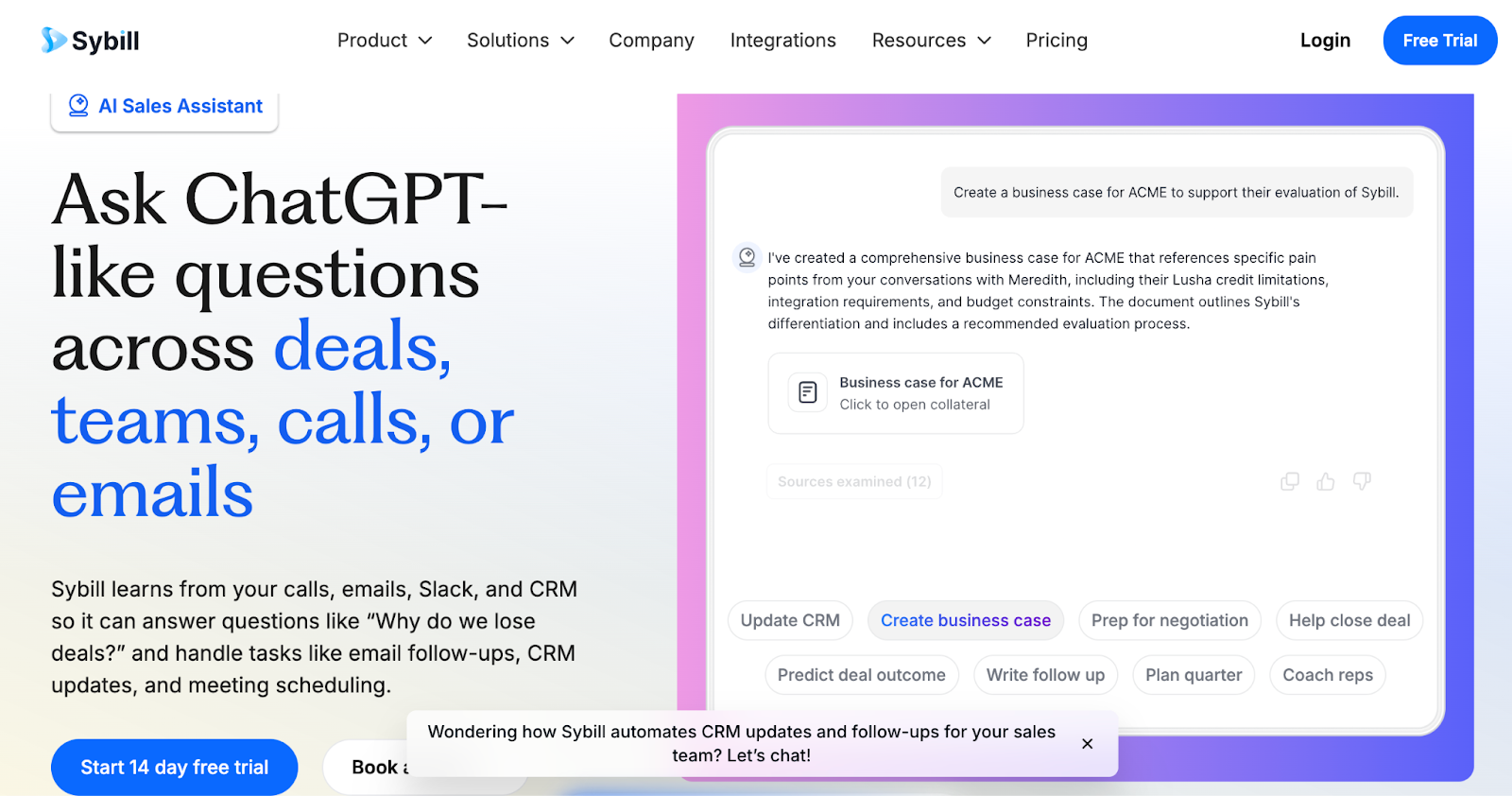 Sybill AI homepage showing automatic CRM updates