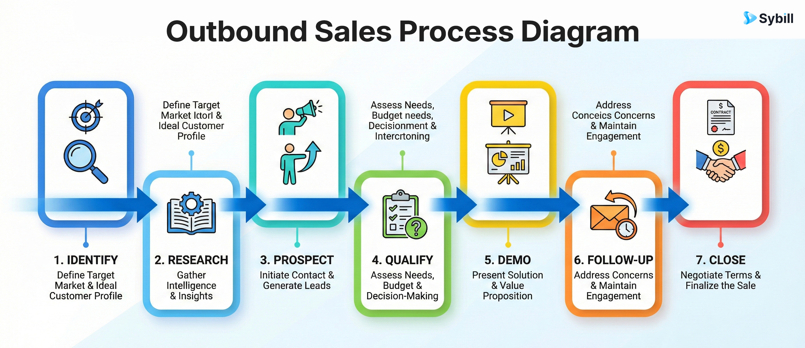 Diagram illustrating the seven steps of an effective outbound sales process