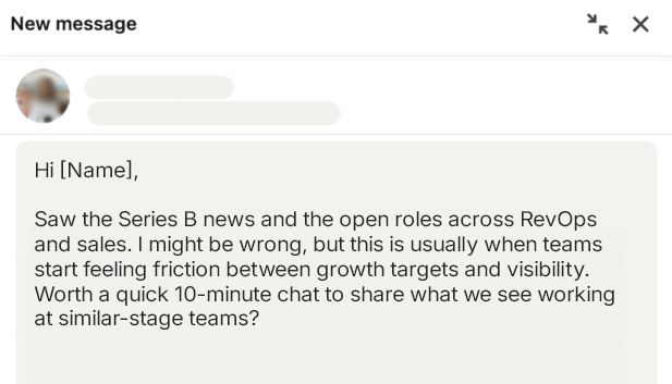 LinkedIn InMail sample triggered by funding news with a short CTA