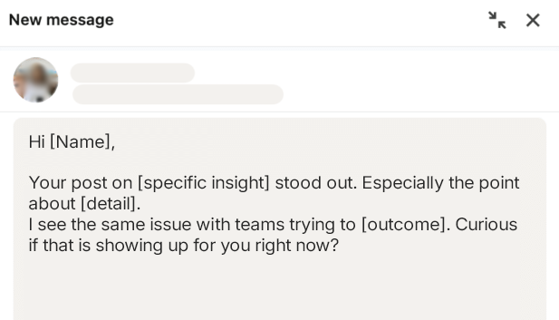 LinkedIn InMail sample referencing a prospect’s LinkedIn post with concise relevance proof