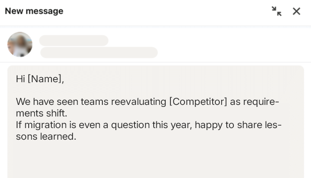 LinkedIn InMail sample for competitor migration with risk reversal and short CTA