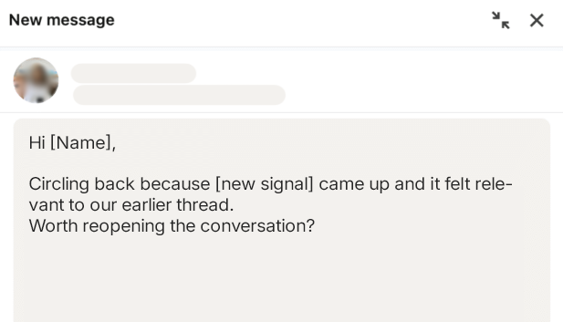 LinkedIn InMail sample re-engagement message using new context and a short CTA