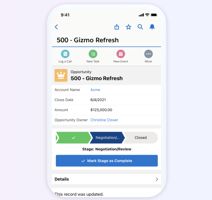 Salesforce mobile application displaying sales pipeline on phone screen