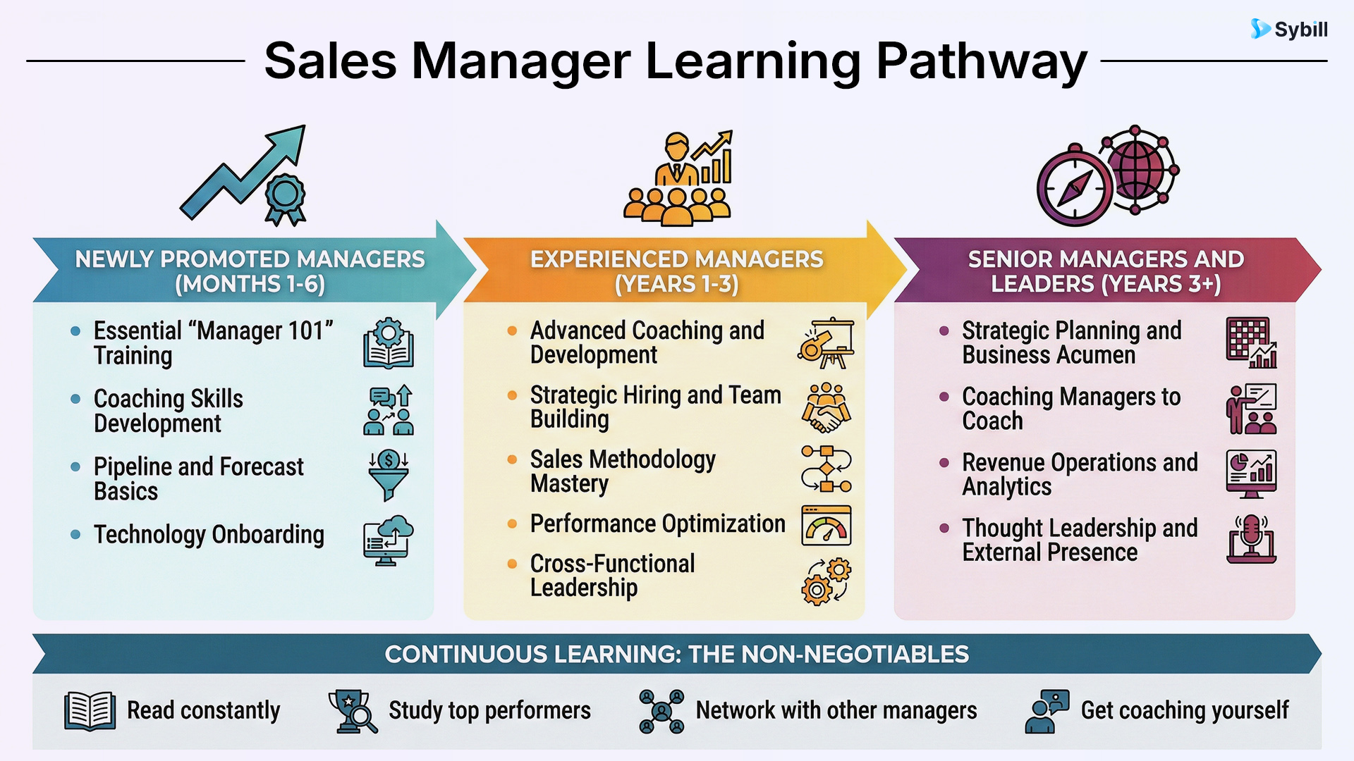 Development roadmap illustrating training requirements from newly promoted manager through experienced sales leader with specific programs at each stage