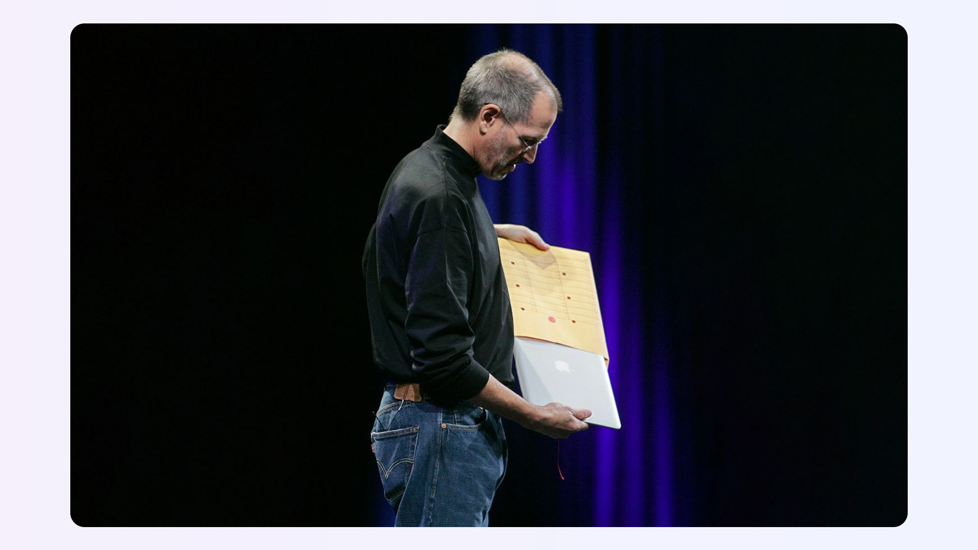 Steve Jobs revealing the MacBook Air by pulling it from a manila envelope demonstrating starting with the problem