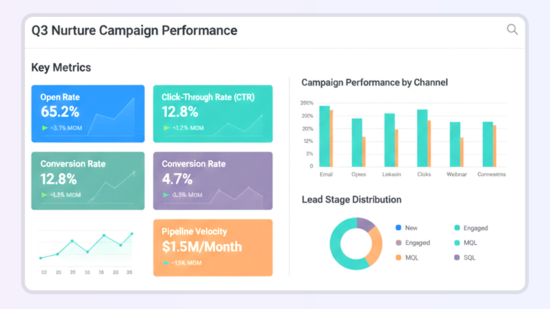 Sample analytics dashboard displaying nurture campaign performance metrics including email open rates, click-through rates, lead conversion rates, and pipeline velocity trends over time.