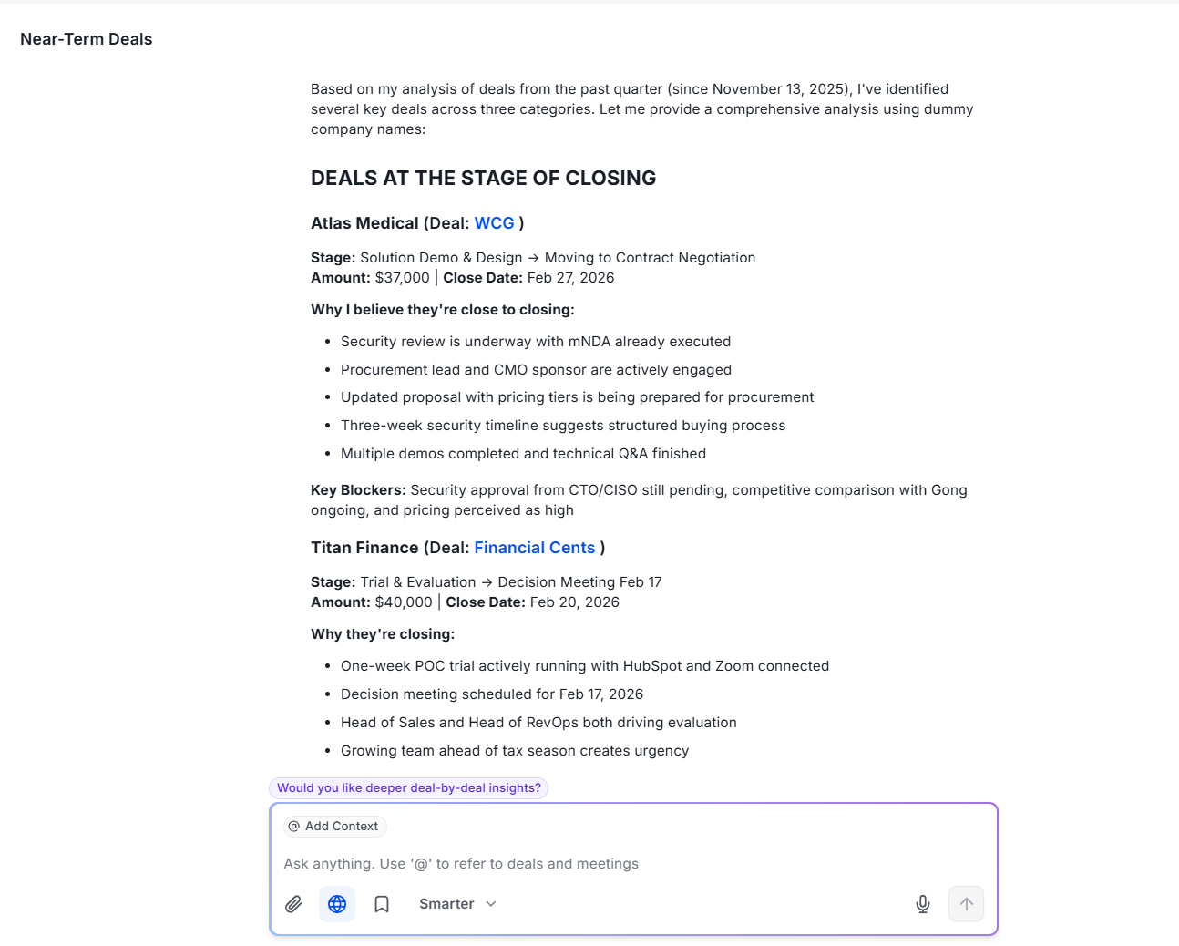 Ask Sybill interface showing a natural language sales query with AI-generated cross-deal intelligence answer citing specific call and email data.