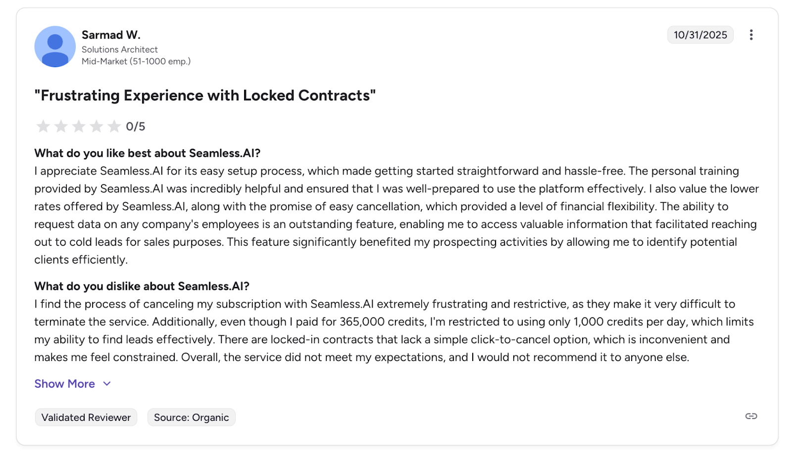Seamless AI users reviews of dark patterns on G2