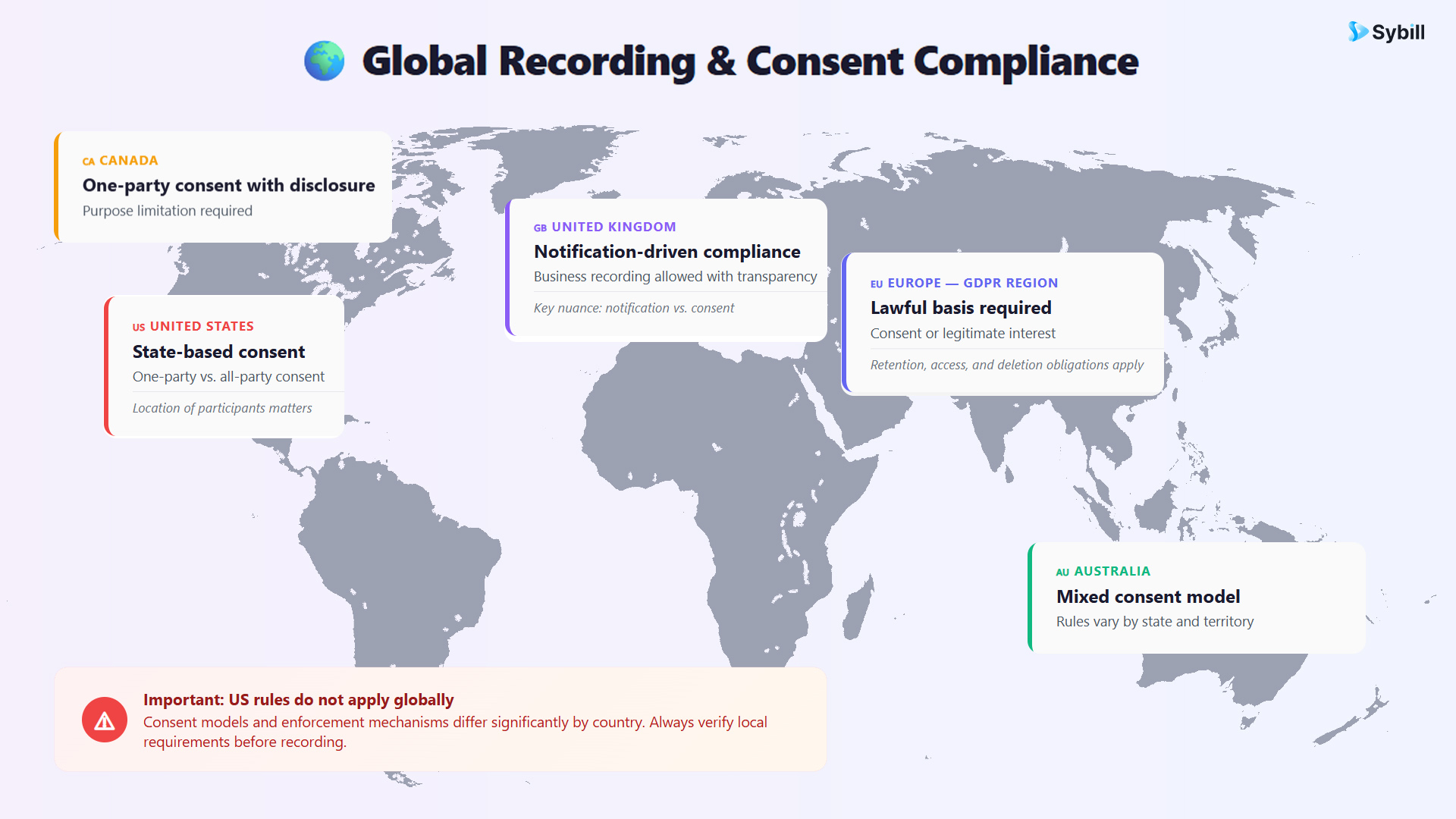 World map showing phone recording laws by country including GDPR regions, the US, UK, Canada, and Australia