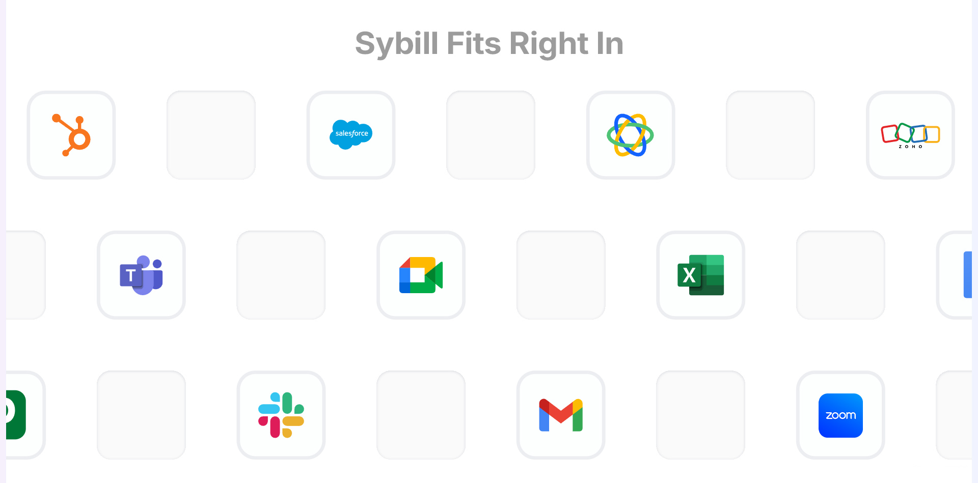 Sybill integration logos showing native connections with Salesforce, HubSpot, Zoho, Dynamics 365, Slack, Gmail, and Zoom.