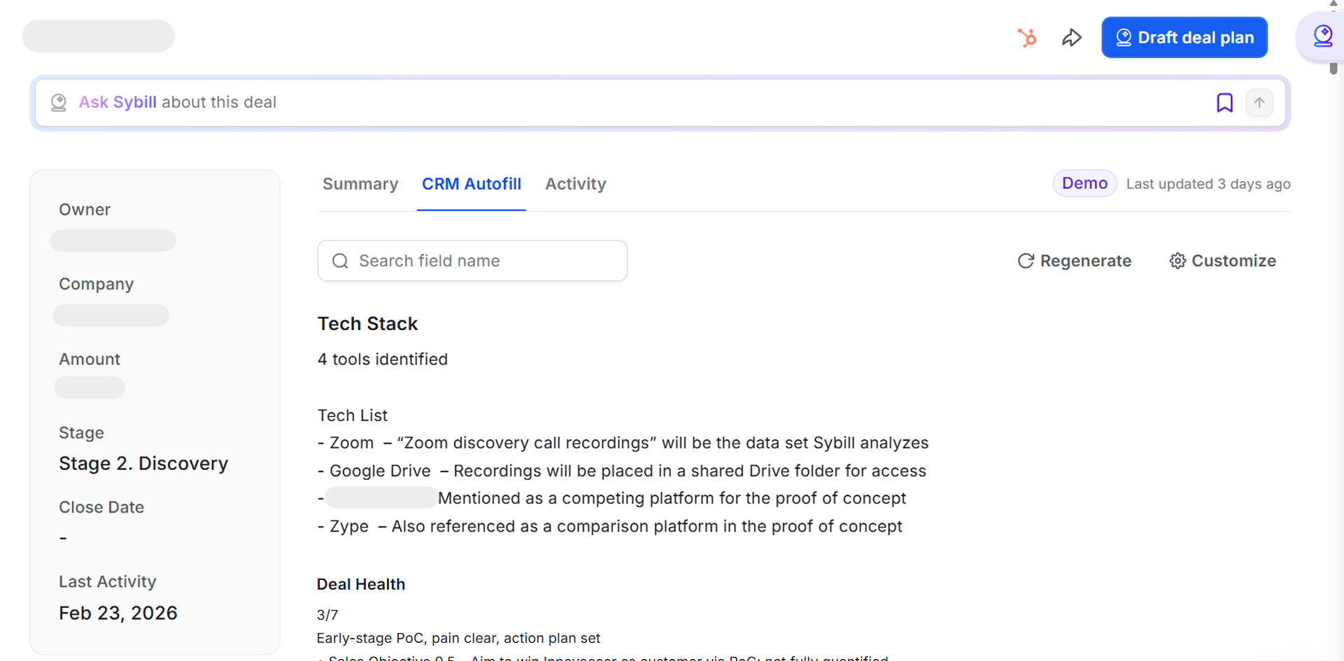 Sybill's deal workspace showing CRM fields automatically filled after a sales call, including MEDDPICC criteria, next steps, and deal health score.