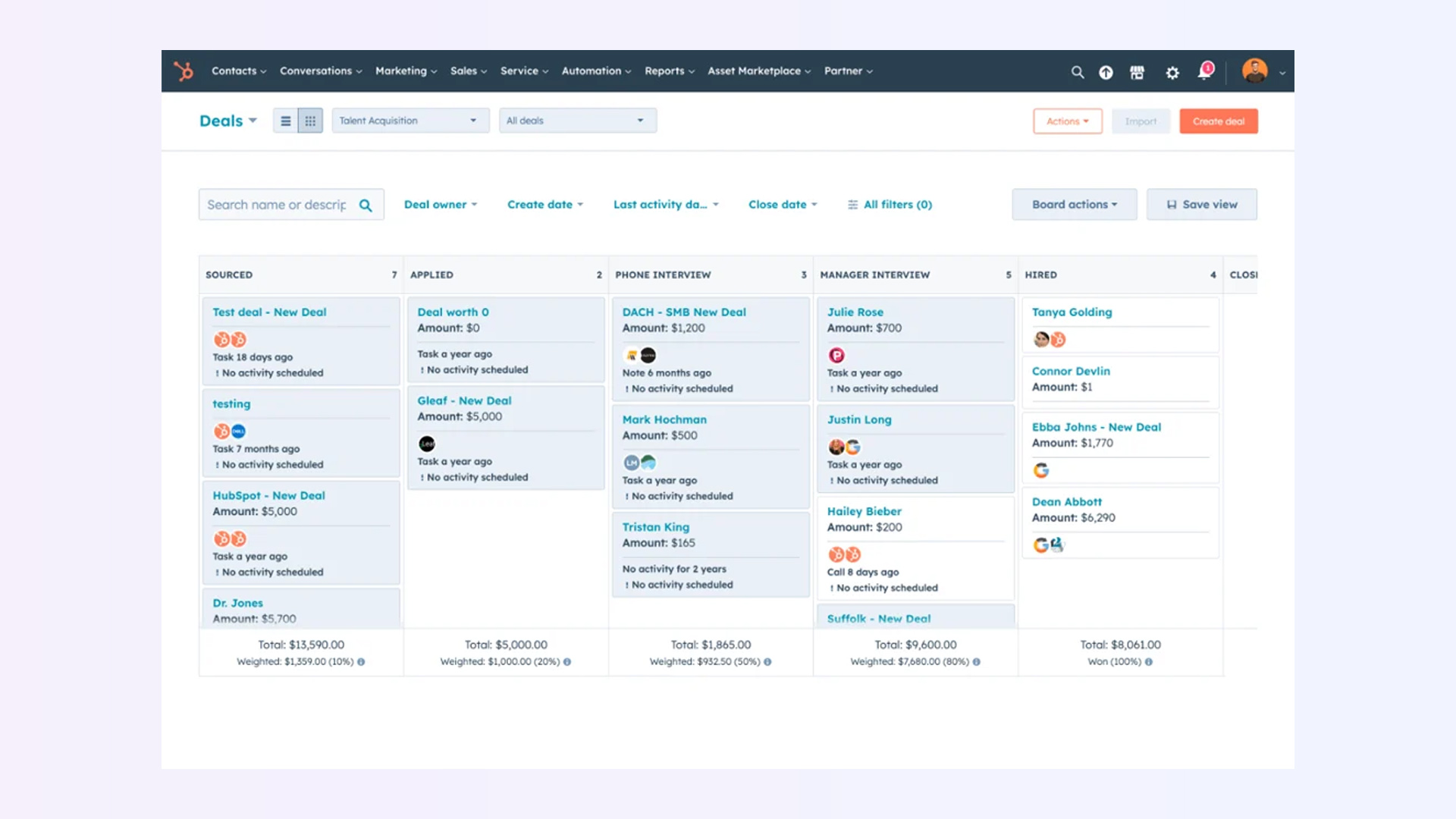 HubSpot CRM free plan dashboard displaying a visual deal pipeline with contact cards and activity tracking.