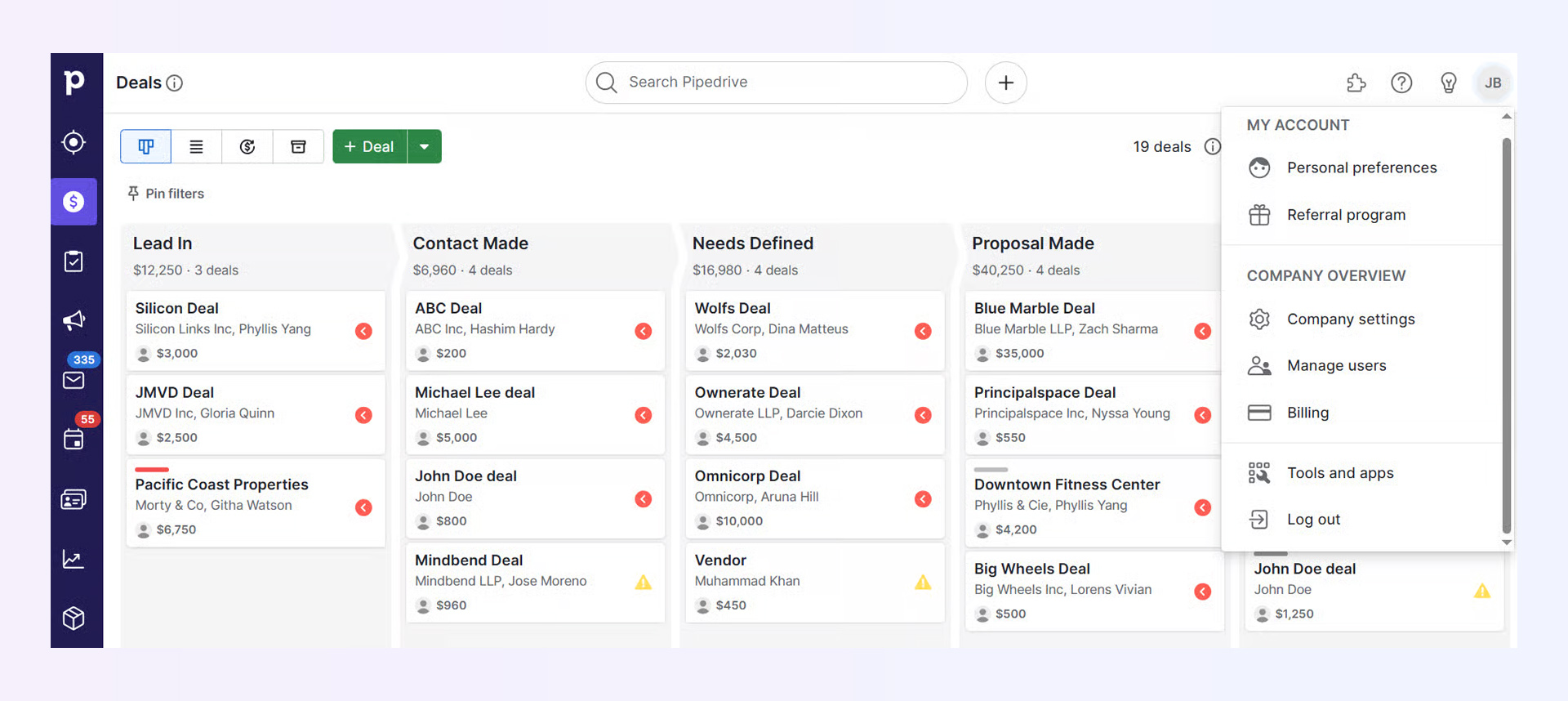 Pipedrive's visual sales pipeline interface showing drag-and-drop deal cards across multiple stages with activity indicators.