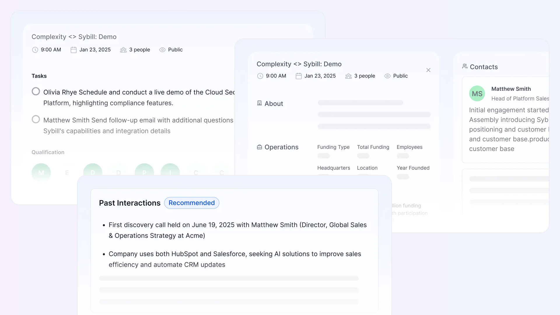 A sales rep reviewing an AI-generated pre-meeting brief showing prospect background, previous conversation highlights, and suggested discovery questions before a call.