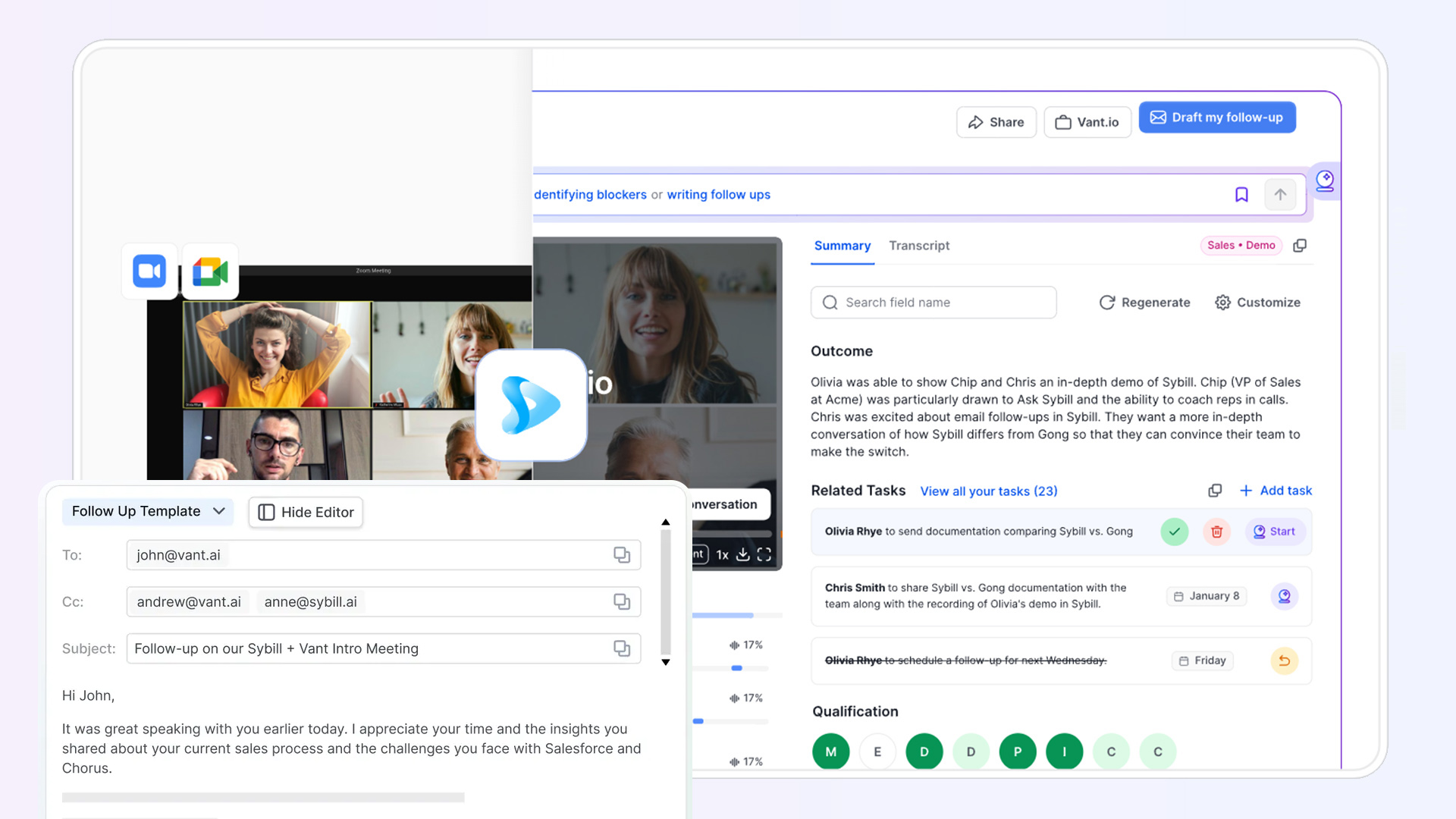 AI-generated Call Summary with buyer pain points, next steps, and an auto-drafted follow-up email after a sales call