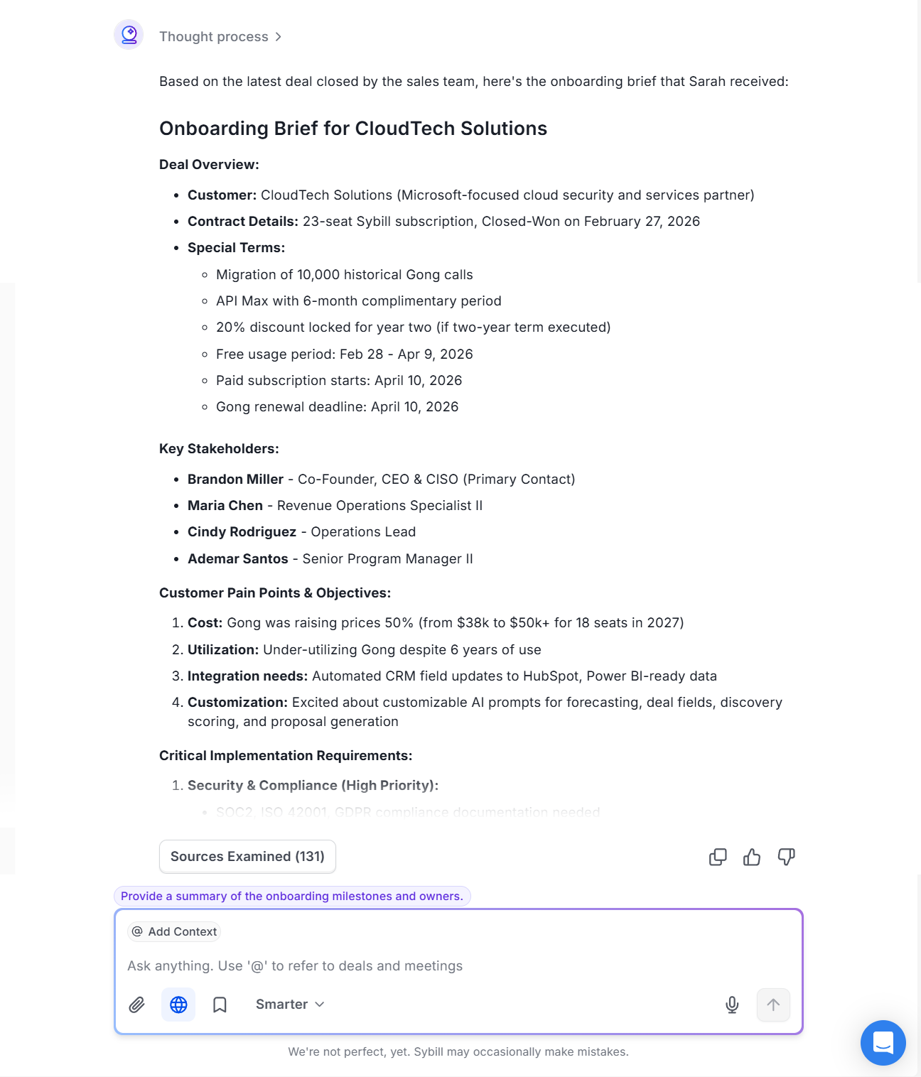 AI-generated sales handoff brief showing customer goals and commitments for onboarding