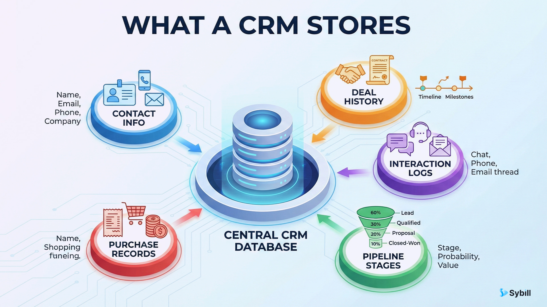 Visual representation of CRM as central repository for customer contact information, deal stages, interaction history, and business intelligence
