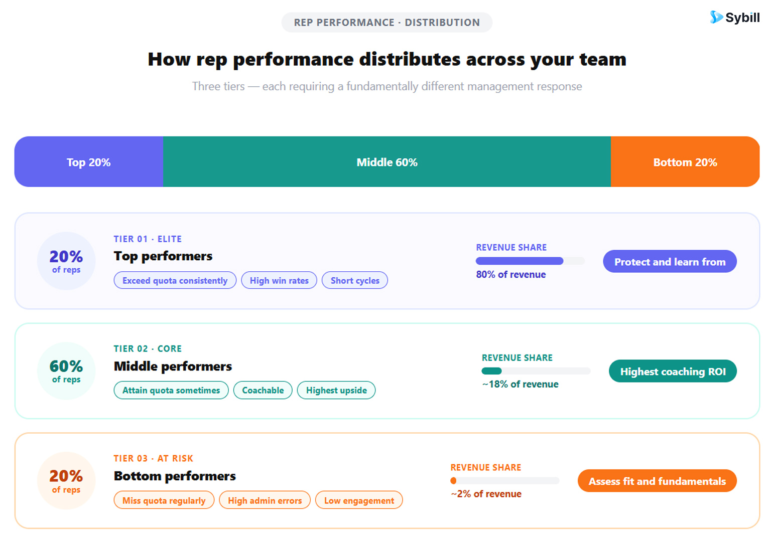 Sales rep performance distribution showing the top 20% generating 80% of revenue and the middle 60% as the highest-ROI coaching target.