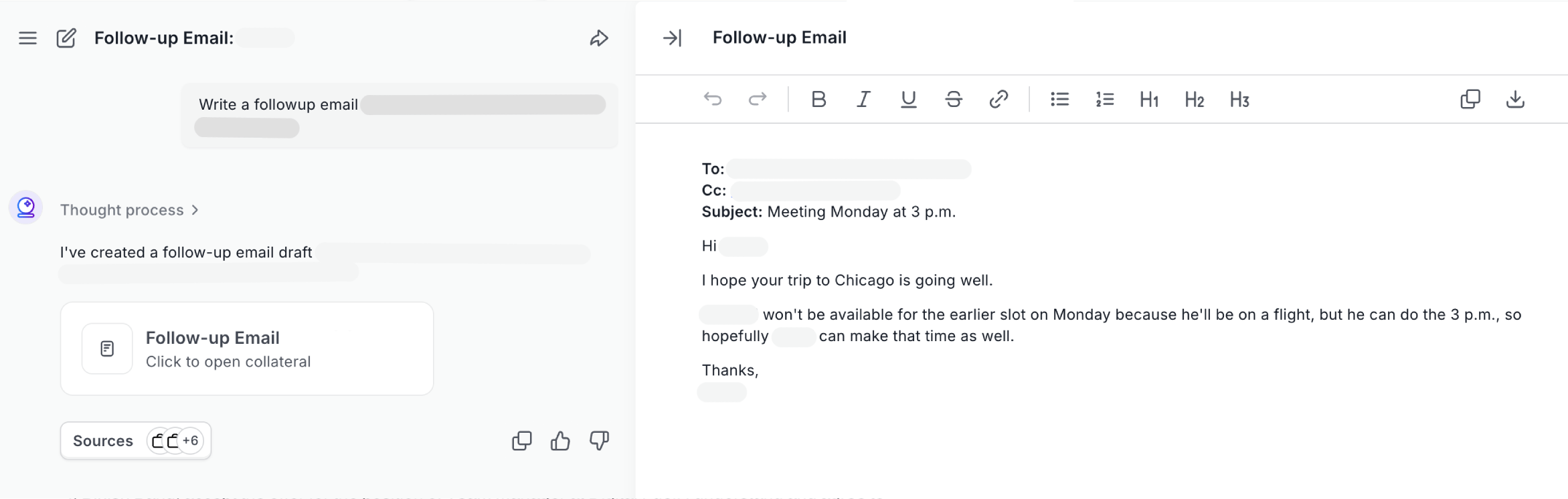 AI email writer using sales call context to generate a personalized post-meeting follow-up email.
