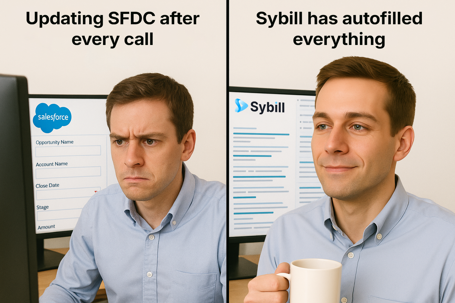 description of sales rep overwhelmed by manual Salesforce updates and relieved when AI automates the work.