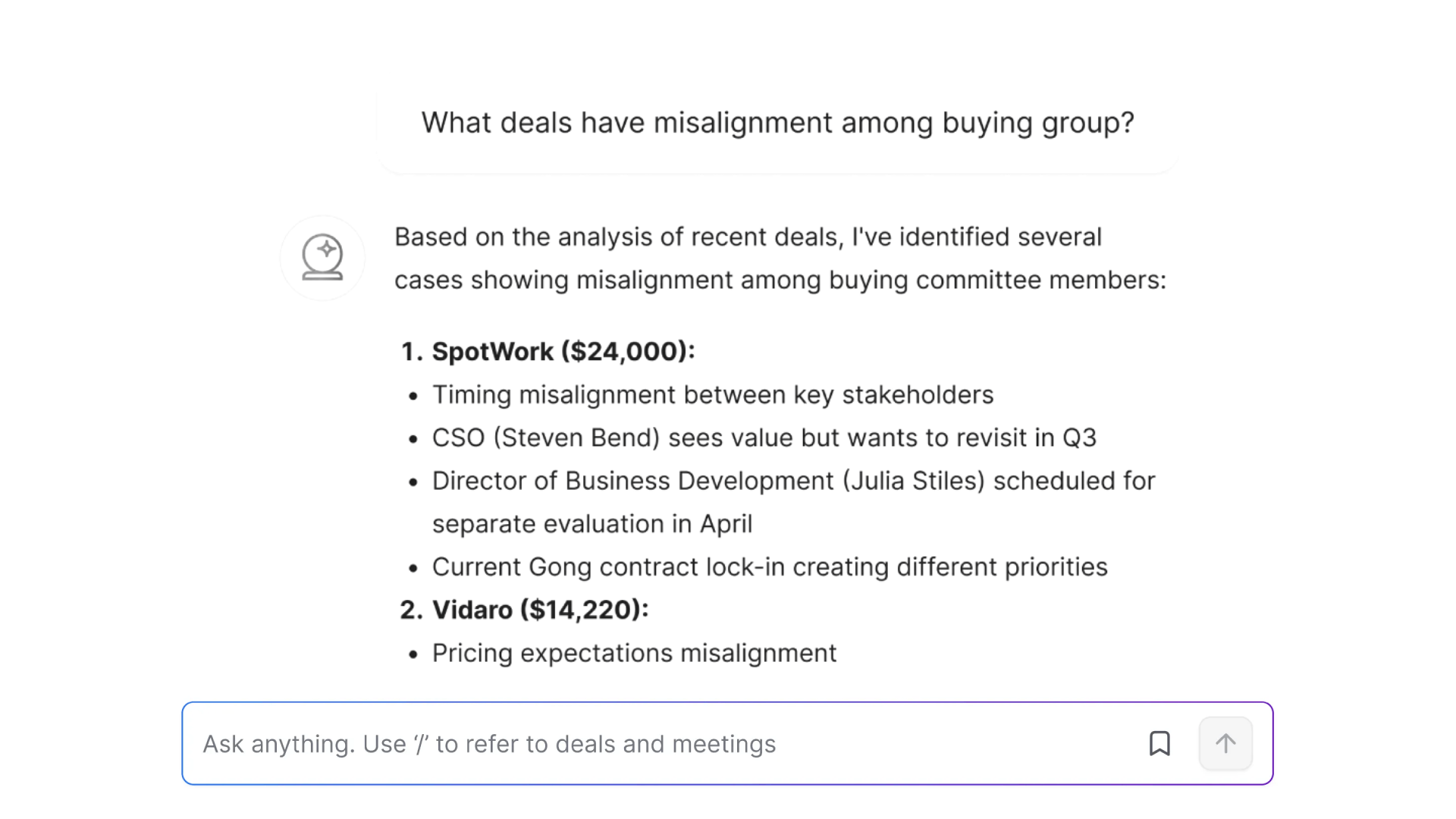 Sybill AI sales assistant showing deal intelligence in ChatGPT like native language style