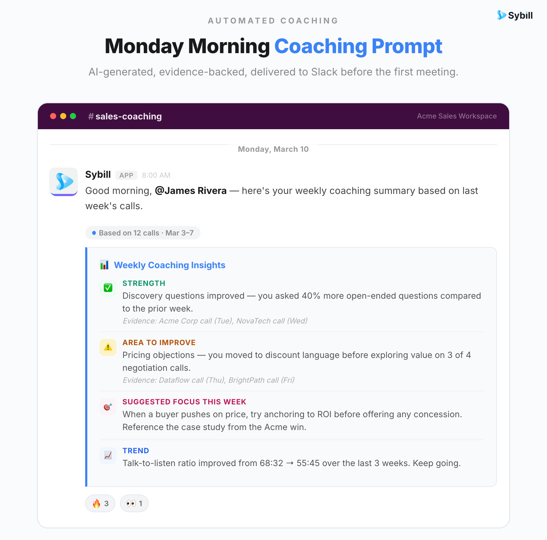 Scheduled coaching prompt delivering automatic weekly call feedback to a sales rep via Slack or email.