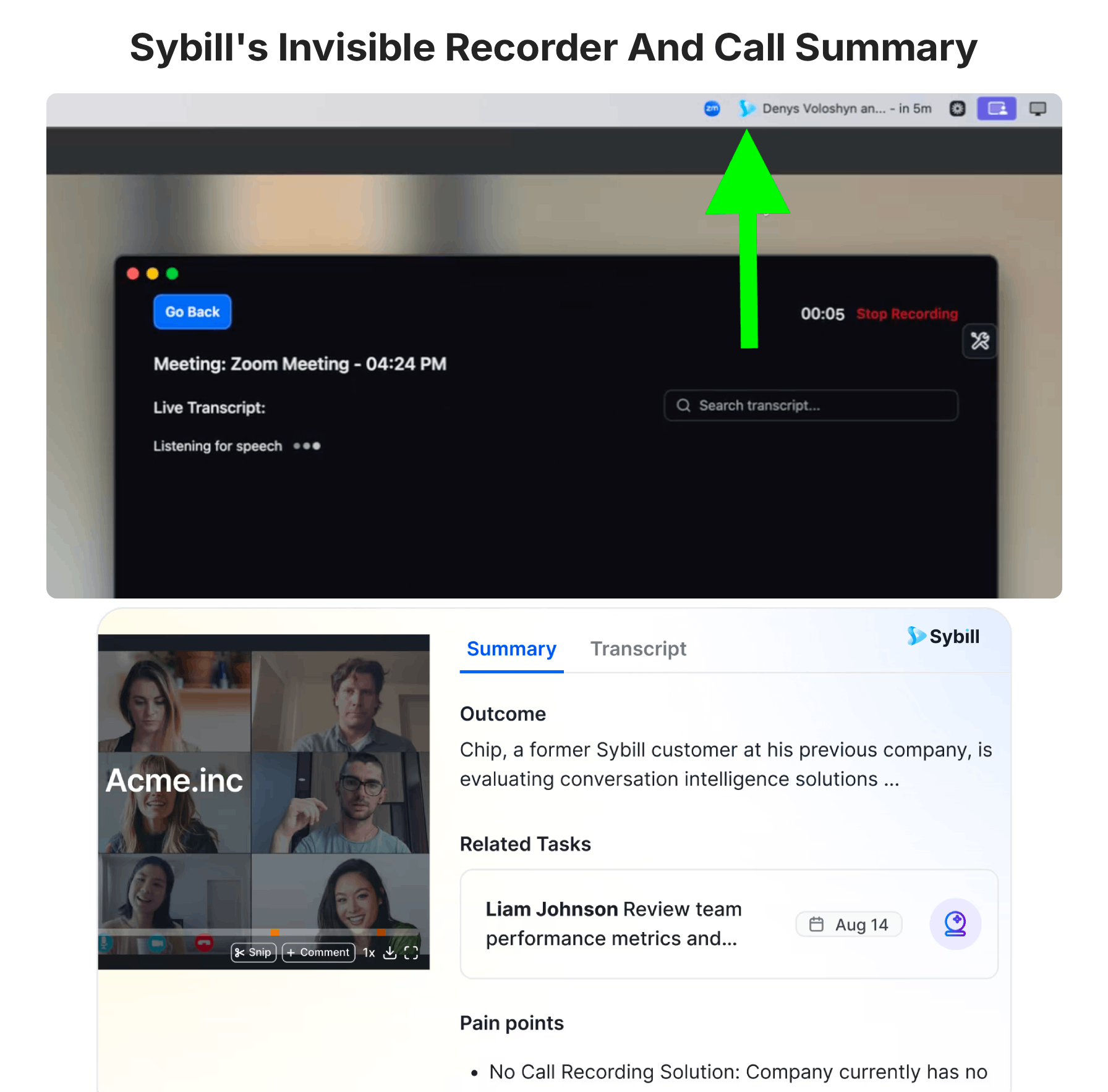 No bot sales call recording with AI summary.