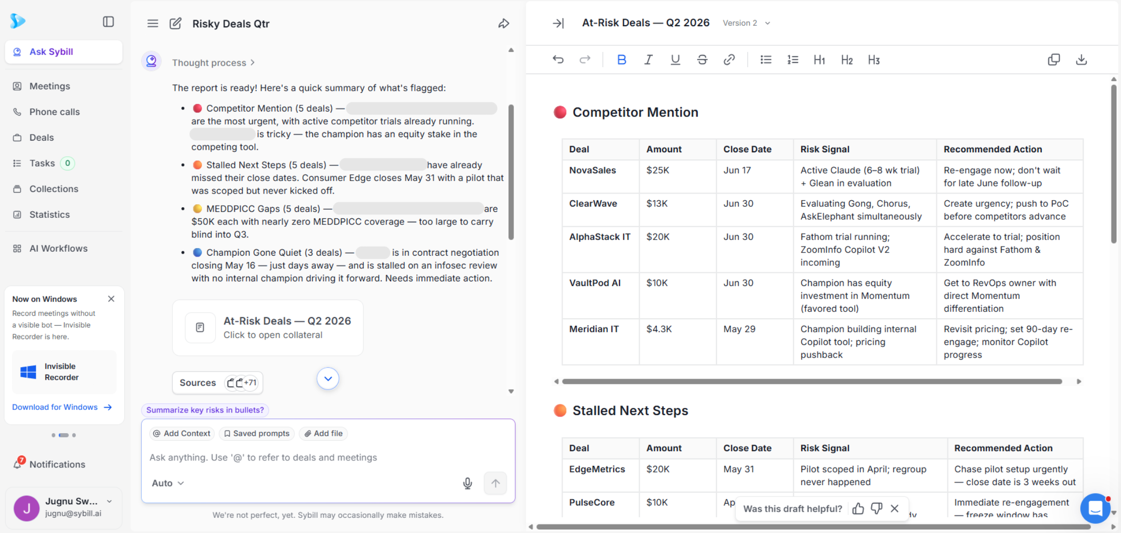 AI showing at-risk deals with specific risk signals and AI-recommended actions.