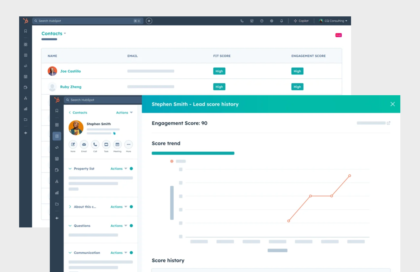HubSpot AI lead scoring tool showing predictive score and signal breakdown for a contact record
