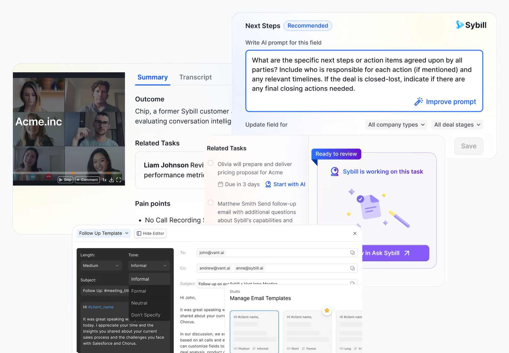 AI note taker generating a Call Summary with AI tasks and follow-up email after a sales call