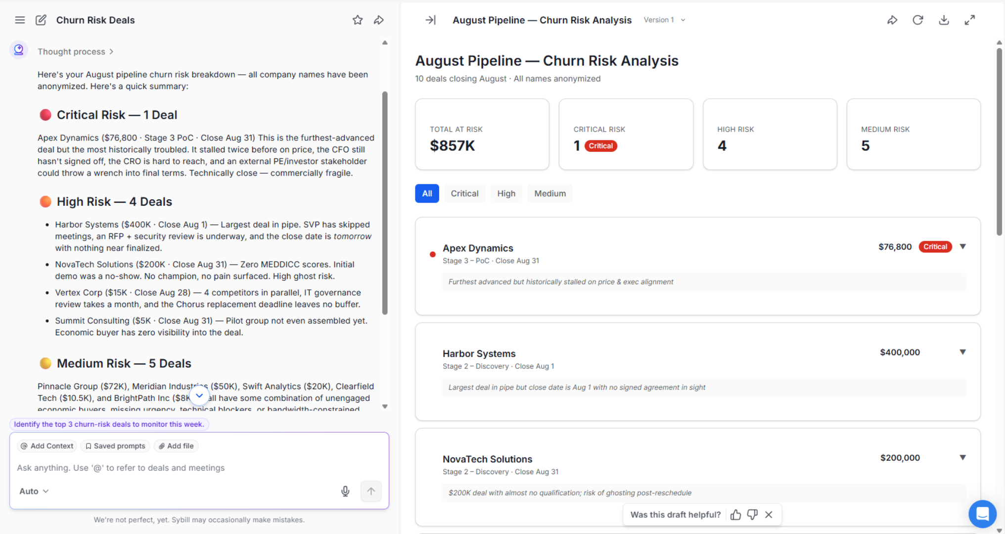 Ask Sybill answering questions about deal risk from AI meeting notes