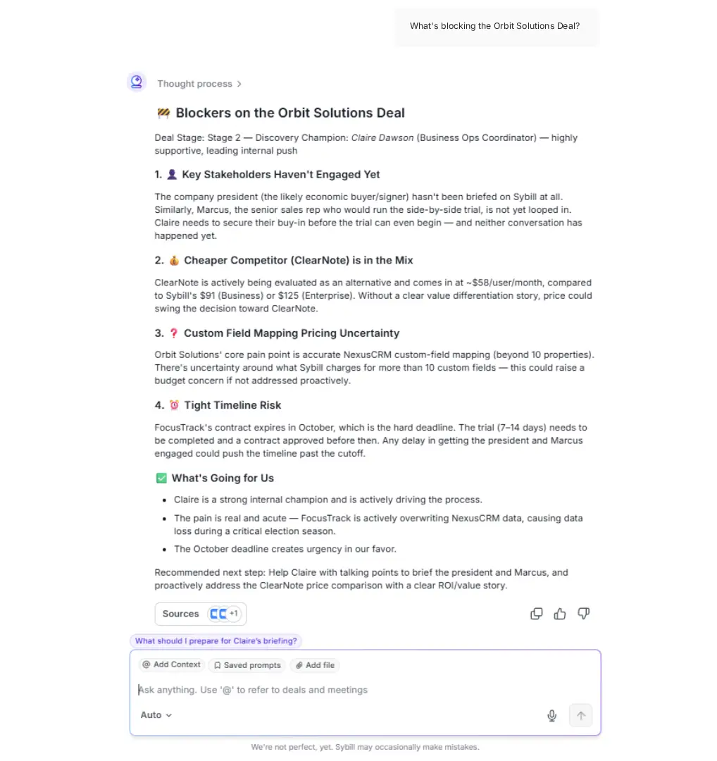 Ask Sybill answering a sales deal question using calls, email, CRM, and buyer context.