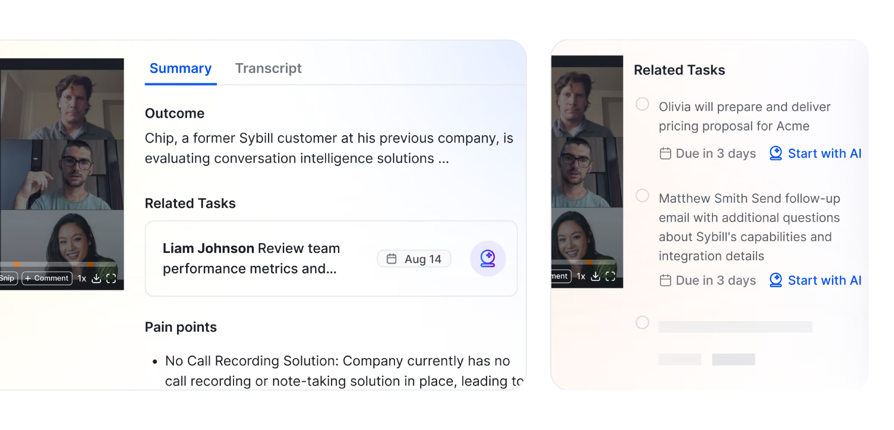 Sybill AI sales assistant showing automatic post-call summary, CRM autofill, follow-up draft, and tasks.