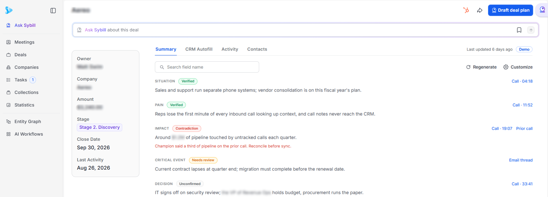 Sybill CRM Autofill configured to capture SPICED sales methodology field