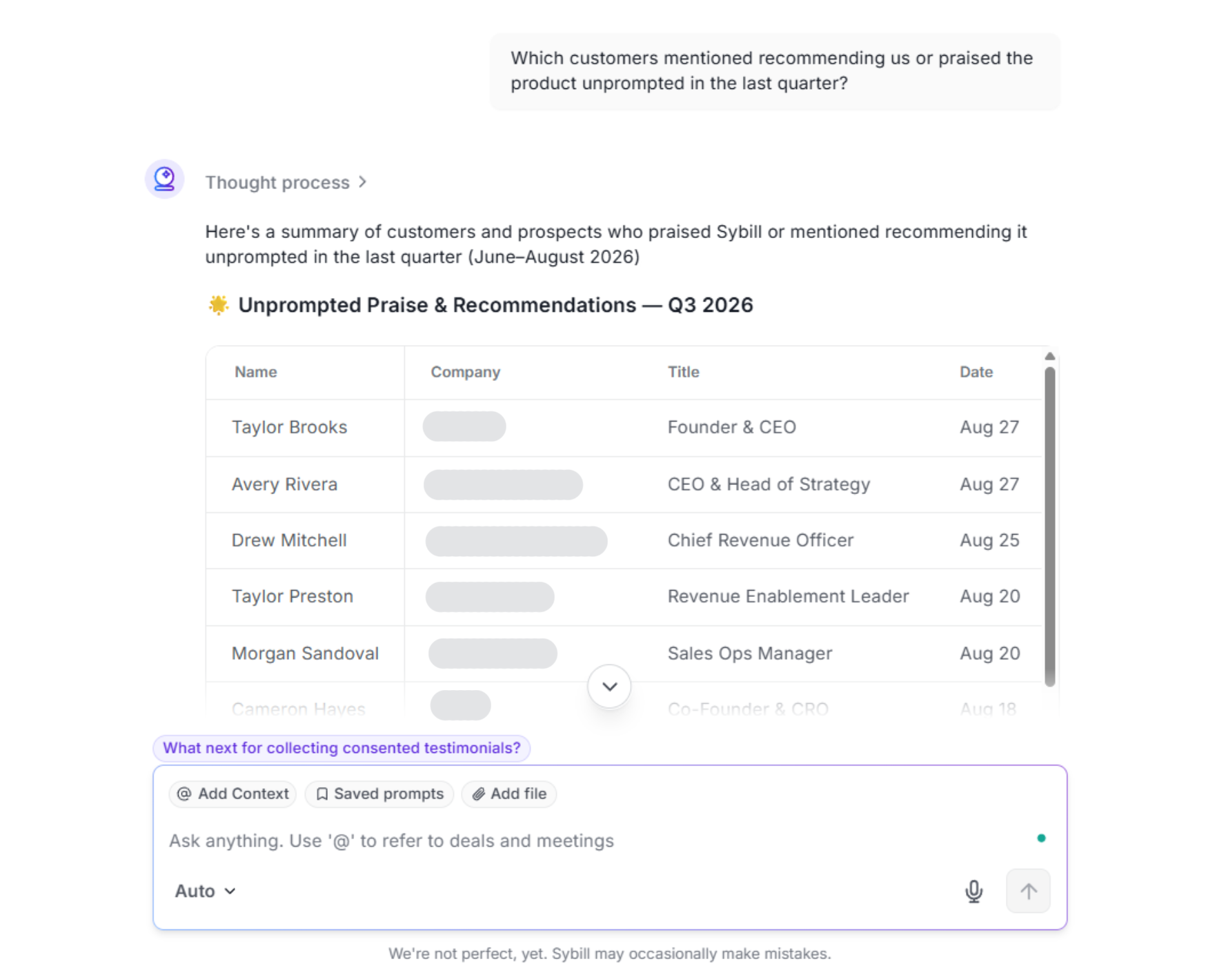 AI query surfacing customers who expressed unprompted advocacy signals in recorded sales and customer success conversations.