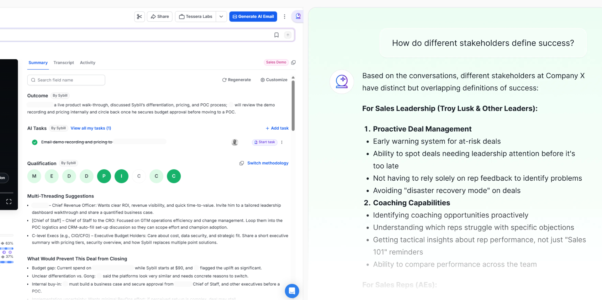 Sybill sales call recording analysis showing buyer evidence, deal risks, coaching opportunities and recommended next actions.