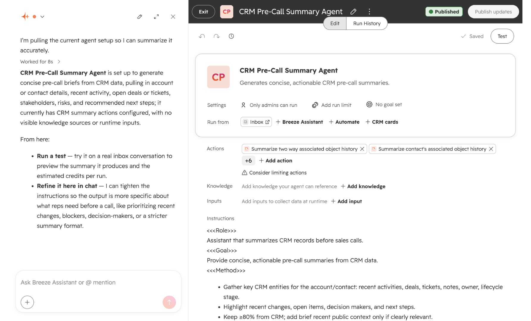 HubSpot Breeze Assistant sidebar panel showing an AI-generated summary of a deal record