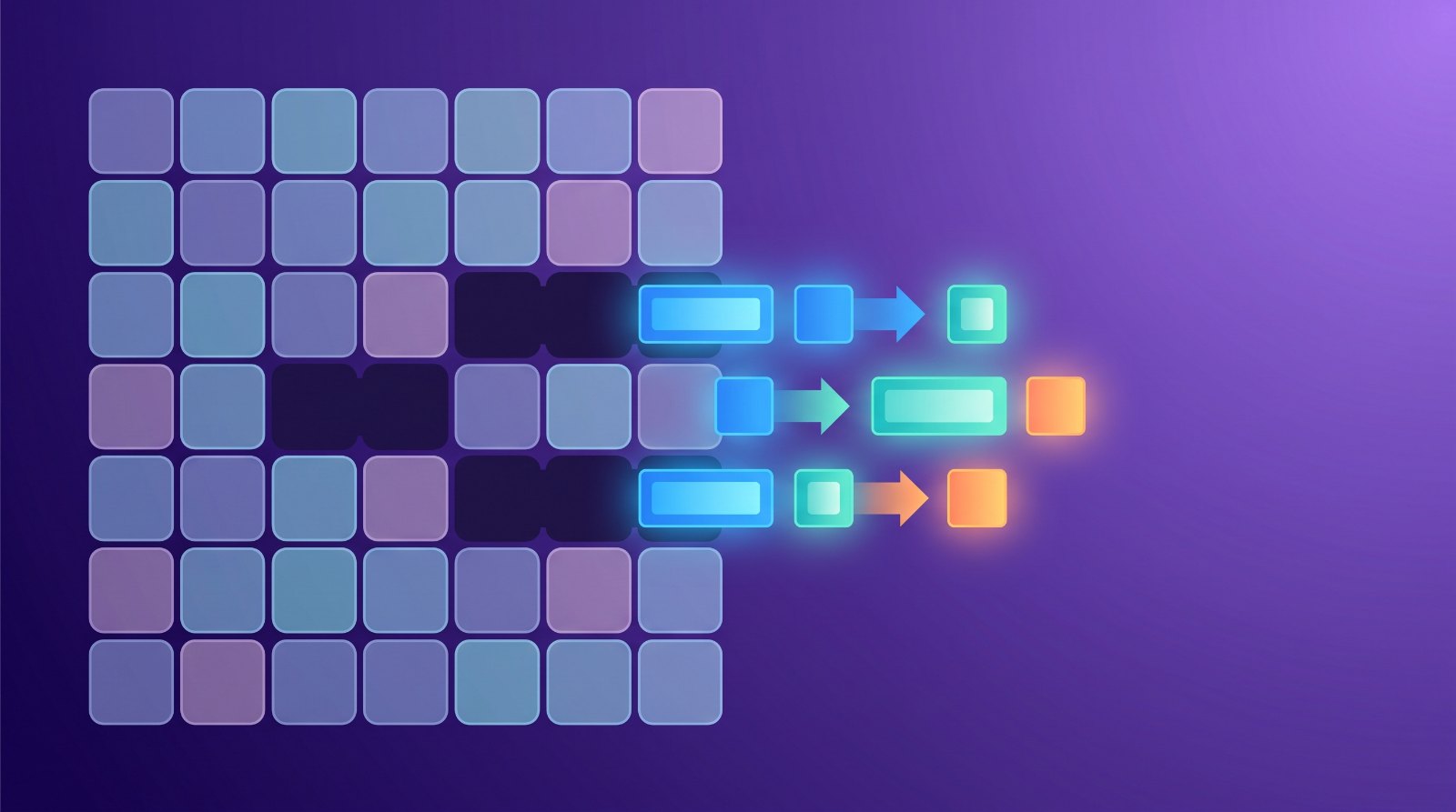 Abstract illustration of gaps in a grid being filled by automated blocks, representing technology answering a staffing shortage