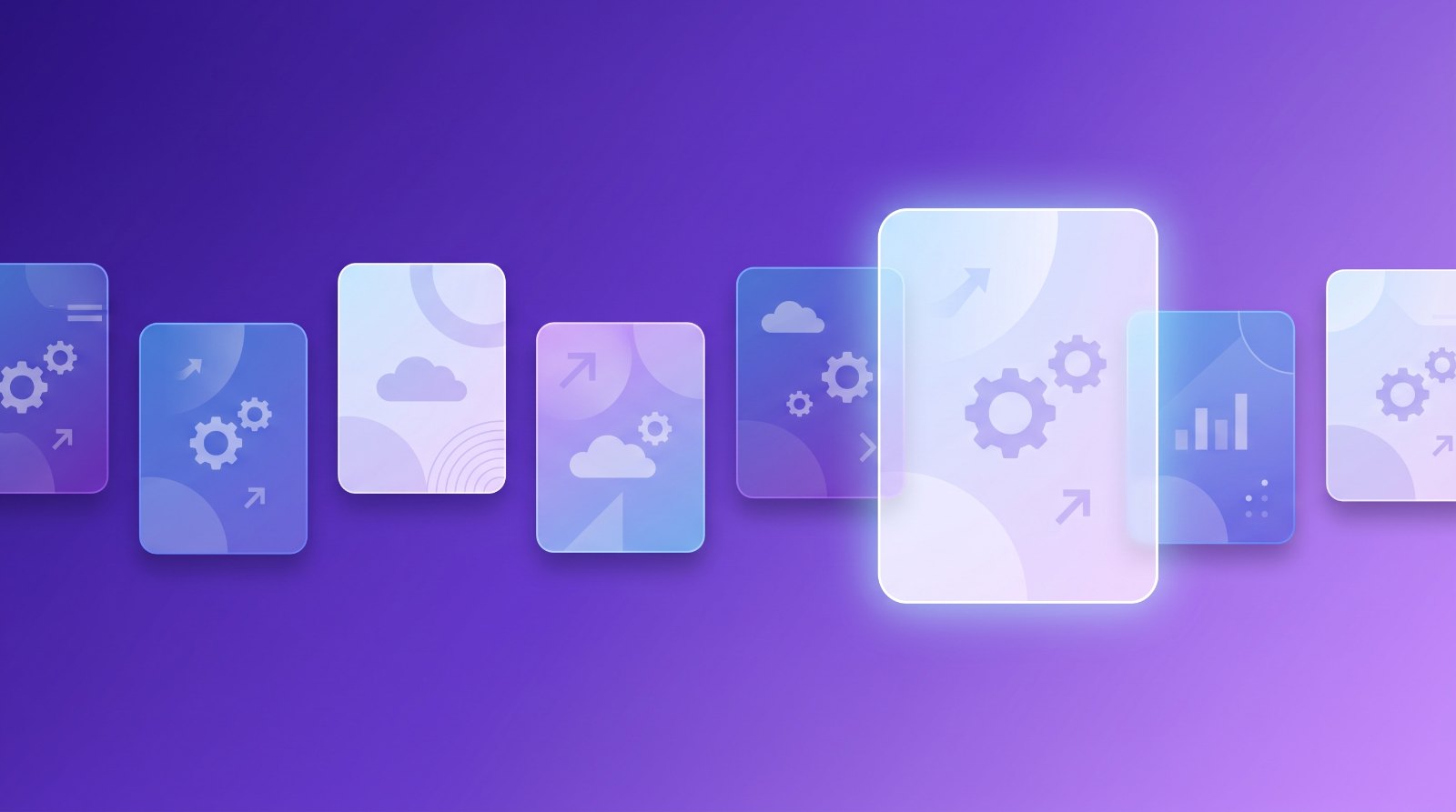 Abstract illustration of eight comparison cards with one lifted forward, representing evaluating FP&A software options